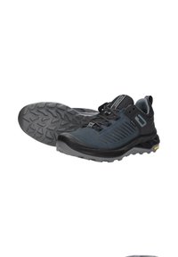 Blauwe en zwarte wandelschoenen met een ademend bovenwerk van mesh, duurzame rubberen zool, gestructureerd looppatroon en een veilig vetersysteem. Lichtgewicht ontwerp.