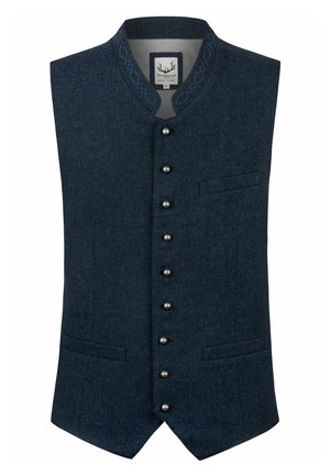Navy wool vest with a high collar, silver buttons, two side pockets, and decorative stitching along the collar.