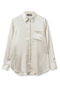 Cream satin shirt with a classic collar, long sleeves, front buttons, and a single pocket on the left chest; smooth texture, slightly curved hem.