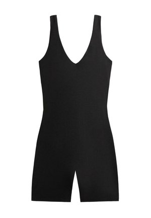 Black sleeveless bodysuit with a V-neck, fitted design, and short legs. Made of smooth fabric, featuring no visible hardware or patterns.