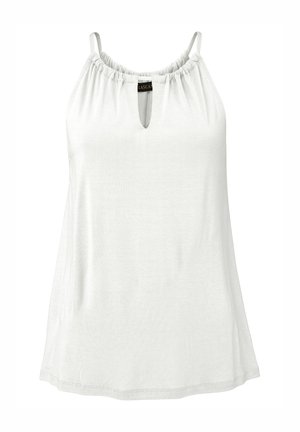 White sleeveless top with a gathered neckline, keyhole detail at front, soft fabric, slightly loose fit, and straight hem.