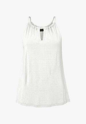 Top blanco sin mangas con escote fruncido, detalle de ojal en la parte delantera, tejido suave, corte ligeramente holgado y dobladillo recto.