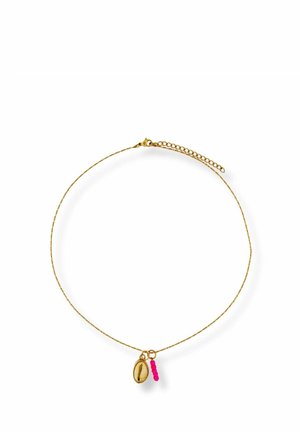 Delicate gold chain necklace with small gold oval charm and five bright pink bead charms on fine gold links.
