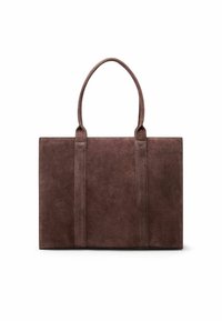 Bruine suède tote bag met een rechthoekige vorm, twee stevige handvatten en een minimalistisch ontwerp. Soepele textuur met zichtbare naden.