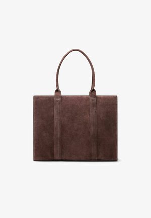Brown suede tote bag with a rectangular shape, two sturdy handles, and minimalistic design. Smooth texture with visible seams.