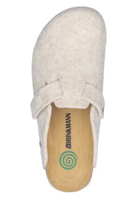 Light beige felt slip-on clog with adjustable strap and tan cushioned insole branded with black and green logos.