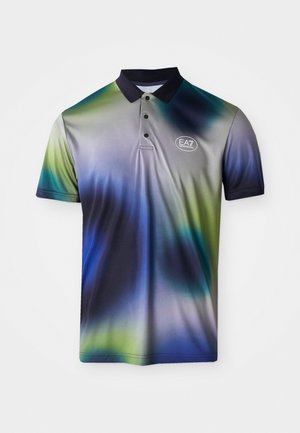 Polo shirt in gradient shades of blue, green, and gray with a contrasting dark collar, three-button placket, and EA7 logo on the chest.