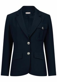 Navy blazer made of smooth fabric, featuring a notched lapel, two front pockets, and silver buttons with ornate detailing.