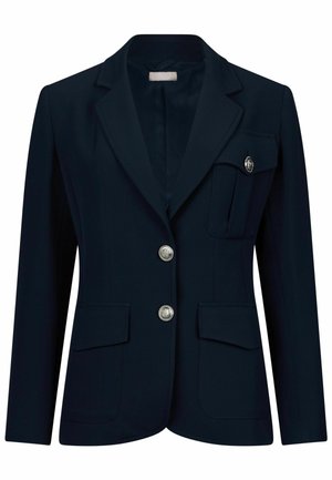 Navy blazer made of smooth fabric, featuring a notched lapel, two front pockets, and silver buttons with ornate detailing.