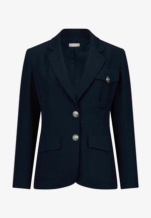 Blazer blu navy realizzato in tessuto liscio, con rever a punta, due tasche frontali e bottoni argentati con dettagli ornamentali.