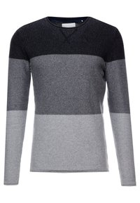 Langarm-Pullover mit horizontalen Streifen in Dunkelgrau, Hellgrau und einer strukturierten Oberfläche. Runder Ausschnitt mit einem glatten Kragen.