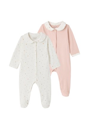 Two baby sleepsuits with collars, one white with gold stars and moons, the other solid light pink, both with front snap closures.
