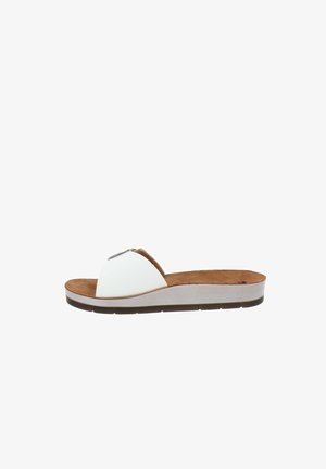 Sandal bianco con una soletta imbottita marrone, design aperto sulla punta e un accento argento sulla cinghia. Presenta una suola texturizzata per una buona aderenza.