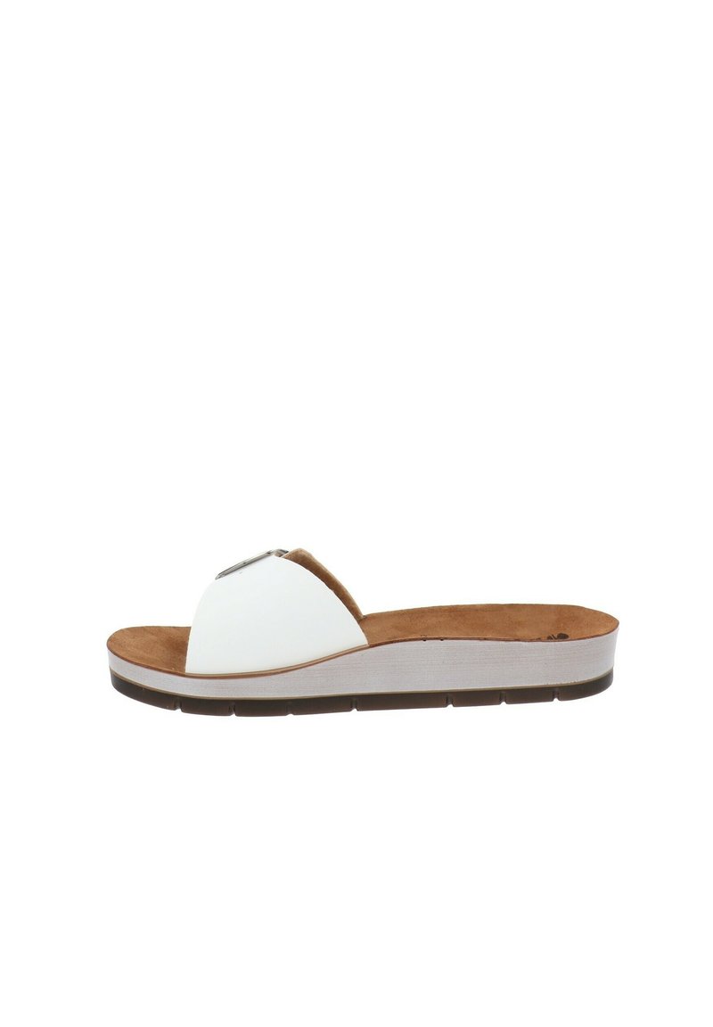 Sandal bianco con una soletta imbottita marrone, design aperto sulla punta e un accento argento sulla cinghia. Presenta una suola texturizzata per una buona aderenza.