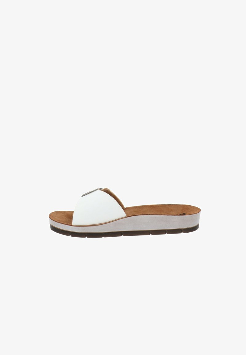 Sandal bianco con una soletta imbottita marrone, design aperto sulla punta e un accento argento sulla cinghia. Presenta una suola texturizzata per una buona aderenza.