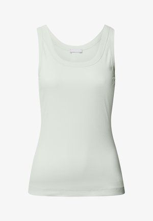 Lysegrøn, ærmeløs tanktop lavet af glat, strækbart stof. Har en bred rund hals og ribbet tekstur. Ingen synlige accenter eller mønstre.