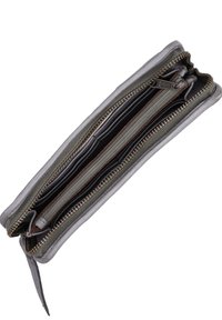 Gray leather wallet with dual zippers. Interior features multiple card slots and compartments. Smooth texture, compact and rectangular design.