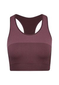 Bordeaux sportbeha met ribbelstructuur, racerback ontwerp en contrasterende lichtpaarse accenten aan de bovenkant.