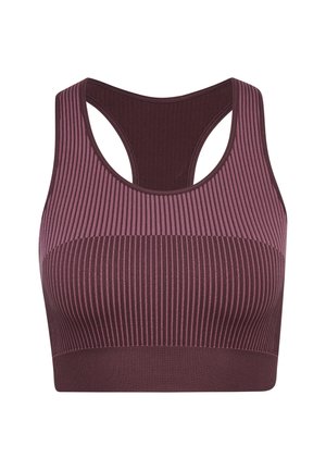 Sujetador deportivo burdeos con textura acanalada, diseño de espalda nadadora y acentos en un púrpura claro contrastante en la parte superior.