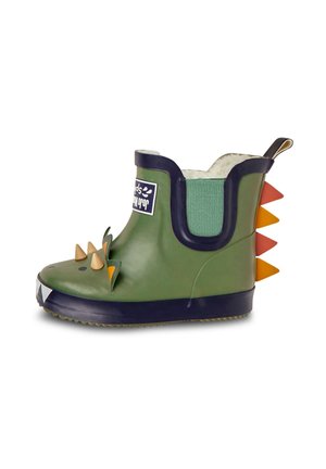 Groene rubberen laars met een ronde neus, voorzien van een gestructureerde marineblauwe zool. Versierd met verhoogde spikes en tandachtige accenten in geel en oranje.