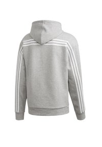 Sudadera gris con un acabado texturizado, que presenta una gran capucha y tres rayas blancas a lo largo de los hombros y las mangas. Puños acanalados clásicos.