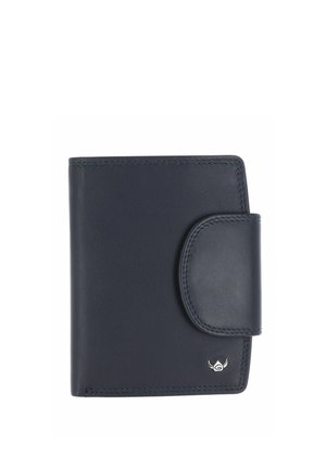 Portefeuille en cuir noir avec fermeture à bouton-pression et petit logo argenté en bas à droite, présenté fermé sur fond blanc.