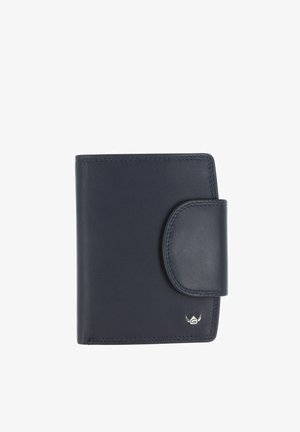 Portefeuille en cuir noir avec fermeture à bouton-pression et petit logo argenté en bas à droite, présenté fermé sur fond blanc.