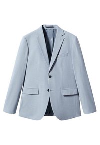 Blazer bleu clair en tissu texturé, avec deux poches avant, deux boutons et une poche poitrine unique. L'intérieur est sombre.