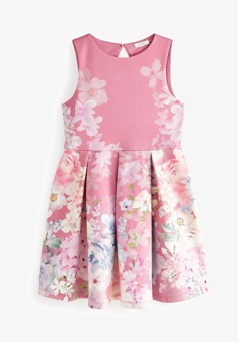 Rosa Blumen Kleid mit ärmellosem Design, runder Halslinie und plissiertem Rock. Bunte Blumenmuster in sanften Pastelltönen.