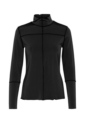 Zwarte long sleeve top met hoge kraag, gladde textuur, getailleerd design en contrasterende stiksels over de borst en mouwen.
