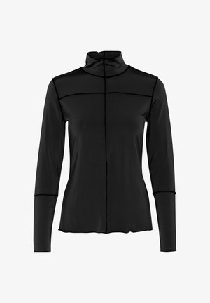 Čierny dlhý rukáv top s vysokým golierom, hladkou textúrou, priliehavým dizajnom a kontrastným prešívaním cez hruď a rukávy.