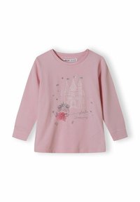 Ljust rosa långärmad skjorta i bomull, med en grafik av ett slott och en balettdansös med en rosa rosett. Texten säger "Sago Drömmar."