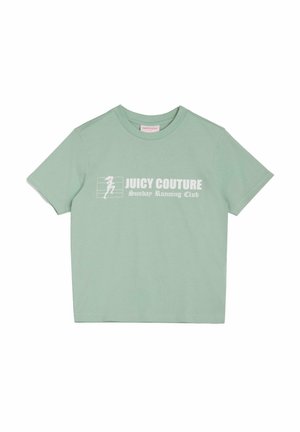 Mėtų žalios spalvos medvilninė marškinė su apvali iškirpte. Savybė: balta užrašas "JUICY COUTURE" ir "Sekmadienio bėgimo klubas". Trumpomis rankovėmis.