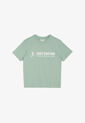 Mündroheline puuvillane T-särk ümmarguse kaelusega. Omab valget teksti: "JUICY COUTURE" ja "Pühapäeva Jooksu Klubi." Lühikesed varrukad.