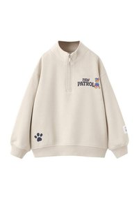 Svetlo bež jopa z ovratnikom na pol zadrgo, na sprednji strani napis "PAW PATROL", grafiko in temno modrim odtisom tačke na spodnjem levem delu.