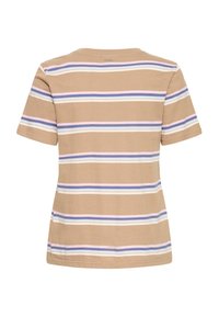 T-shirt beige à manches courtes avec des rayures horizontales roses, blanches et bleues, vu de dos.