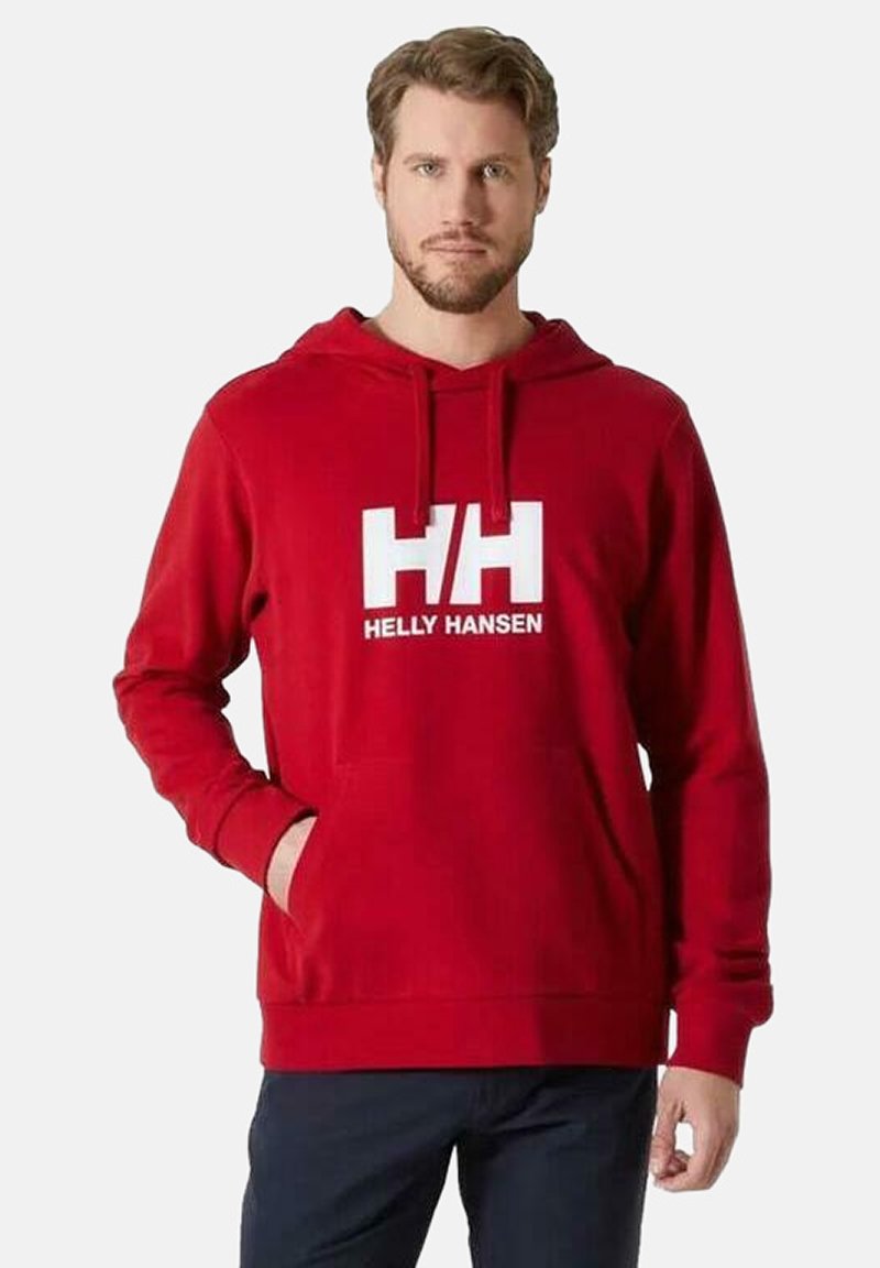 Sudadera roja de algodón con un bolsillo delantero. Presenta un logo blanco "HH" y "HELLY HANSEN" en el pecho. Cuerdas en la capucha.