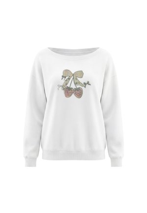Hvid langærmet sweatshirt med rund halsudskæring og broderet design af to kirsebær bundet med en sløjfe midt på fronten.