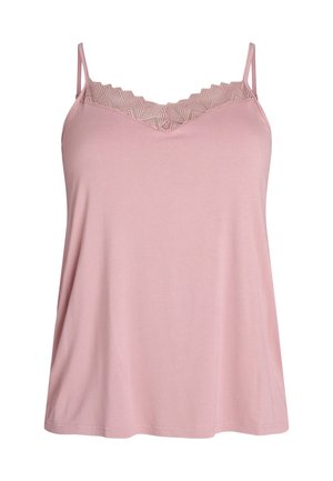 Roza majica brez rokavov s tankimi dvojno naramnicama in izrezom z čipkastim robom v vzorcu ribje kosti.