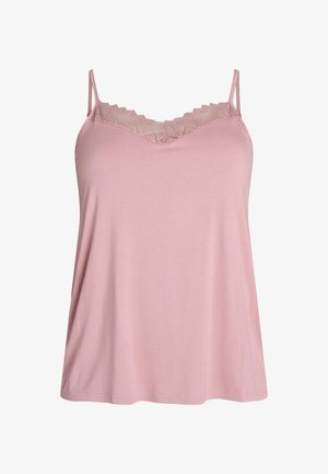 Hihaton vaaleanpunainen toppi, jossa on ohuet kaksoishihnat ja pitsireunainen, sahalaitainen kaula-aukko chevron-kuviolla.