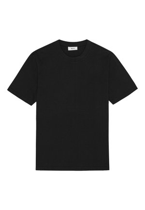 Sort bomulds T-shirt med korte ærmer, rund halsudskæring og lige kant. Enkel, ensfarvet design uden mønstre eller udsmykninger.