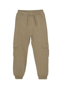 Khaki tepláky vyrobené z jemnej látky, s dvoma bočnými vreckami a jedným cargo vreckom, so sťahovacím pásom a elastickými manžetami.