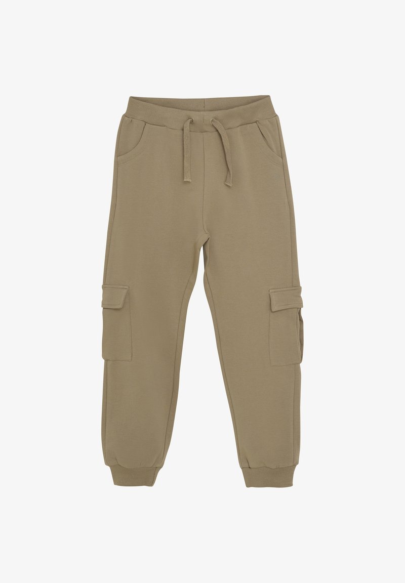 Svetlosivi trenirke iz mehkega blaga, z dvema stranskima žepoma in enim žepom za cargo, z vrvico za prilagajanje in elastičnimi zapenjali.