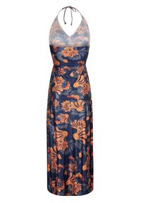Navyblaues Maxikleid mit Halterneck, das mit lebhaften orangen Blumenmustern versehen ist und aus einem glatten, leichten Stoff gefertigt ist.