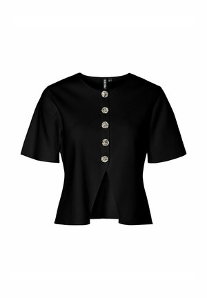 Haut noir à manches courtes avec encolure ronde et fermeture frontale dotée de cinq boutons décoratifs. Tissu lisse avec une coupe légèrement évasée.