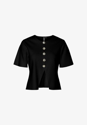 Mustmustamust varrukatega särk, millel on ümmargune kaelus ja ees viis dekoratiivset nuppu. Sile kangas ja kergelt laienev lõige.