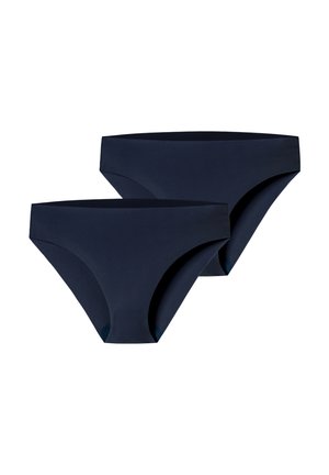 Zwei Paare navyblaue Baumwollslips mit einer glatten Textur, mittelhoher Taille und nahtlosem Design, die einen minimalistischen Stil aufweisen.