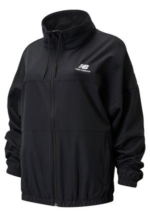 Veste zippée noire New Balance avec col montant, poignets et ourlet élastiques, et logo sur la poitrine gauche.