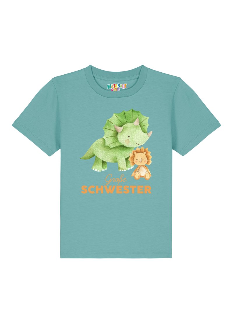 Lichtblauw katoenen T-shirt met een groene dinosaurustekening en een bruine leeuw, met de tekst "Große Schwester" in oranje.