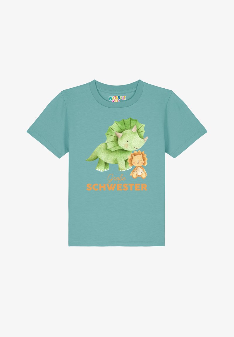 Hellblaues Baumwoll-T-Shirt mit einer grünen Dinosaurier- und einer braunen Löwenillustration sowie dem Text "Große Schwester" in Orange.